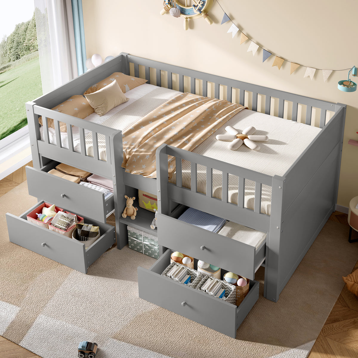 Modern grey Larana Home low loft bed with integrated storage drawers, guardrail, solid wood frame, space-saving design for childrenβs bedroom