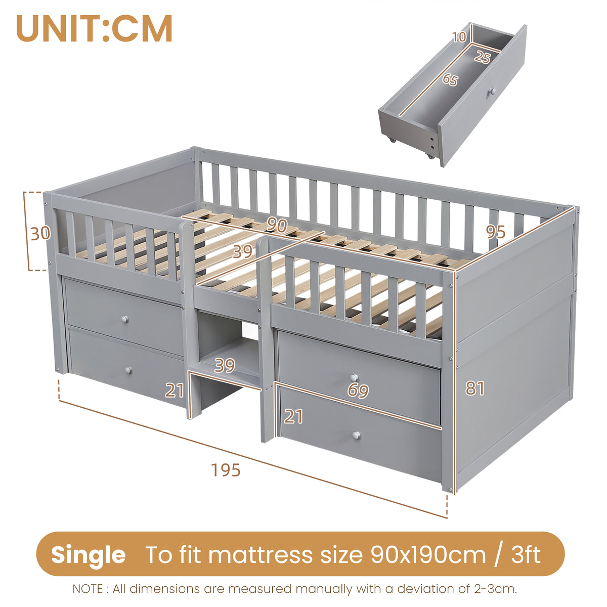 Larana Home grey low loft bed with built-in storage drawers, guardrail, solid wood frame, space-saving design for children's bedroom
