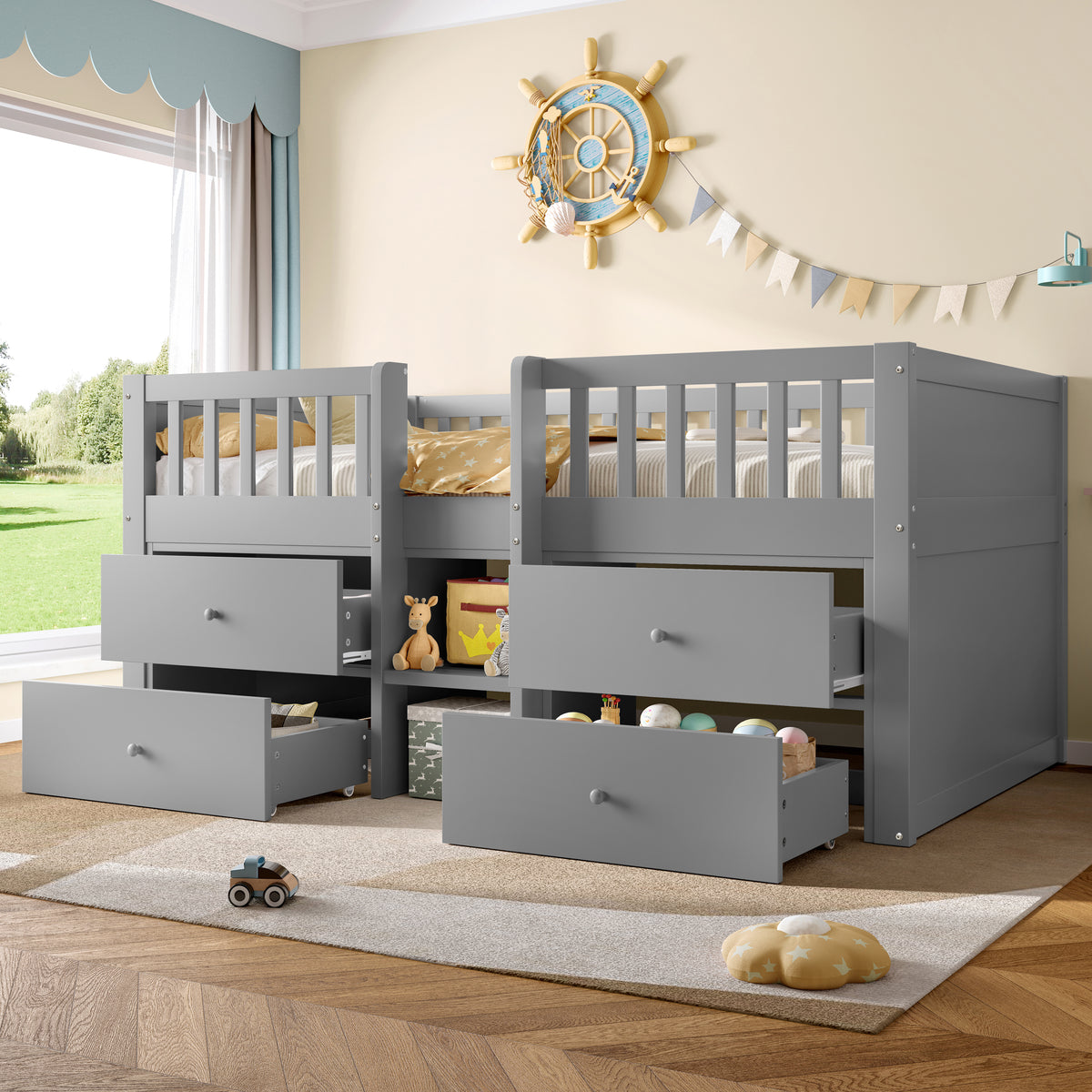 Grey Larana Home low loft bed with built-in storage drawers, solid wood frame, guardrail, space-saving design for children's bedroom.