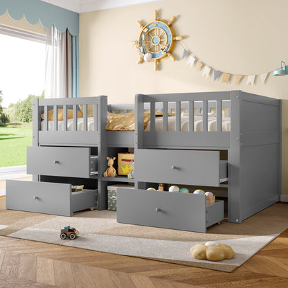 Grey Larana Home low loft bed with built-in storage drawers, solid wood frame, guardrail, space-saving design for children's bedroom.