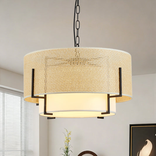 Mnotho Home farmhouse boho chandelier with 4 woven rattan pendant lights and fabric shades, ideal for dining, kitchen, or living spaces.