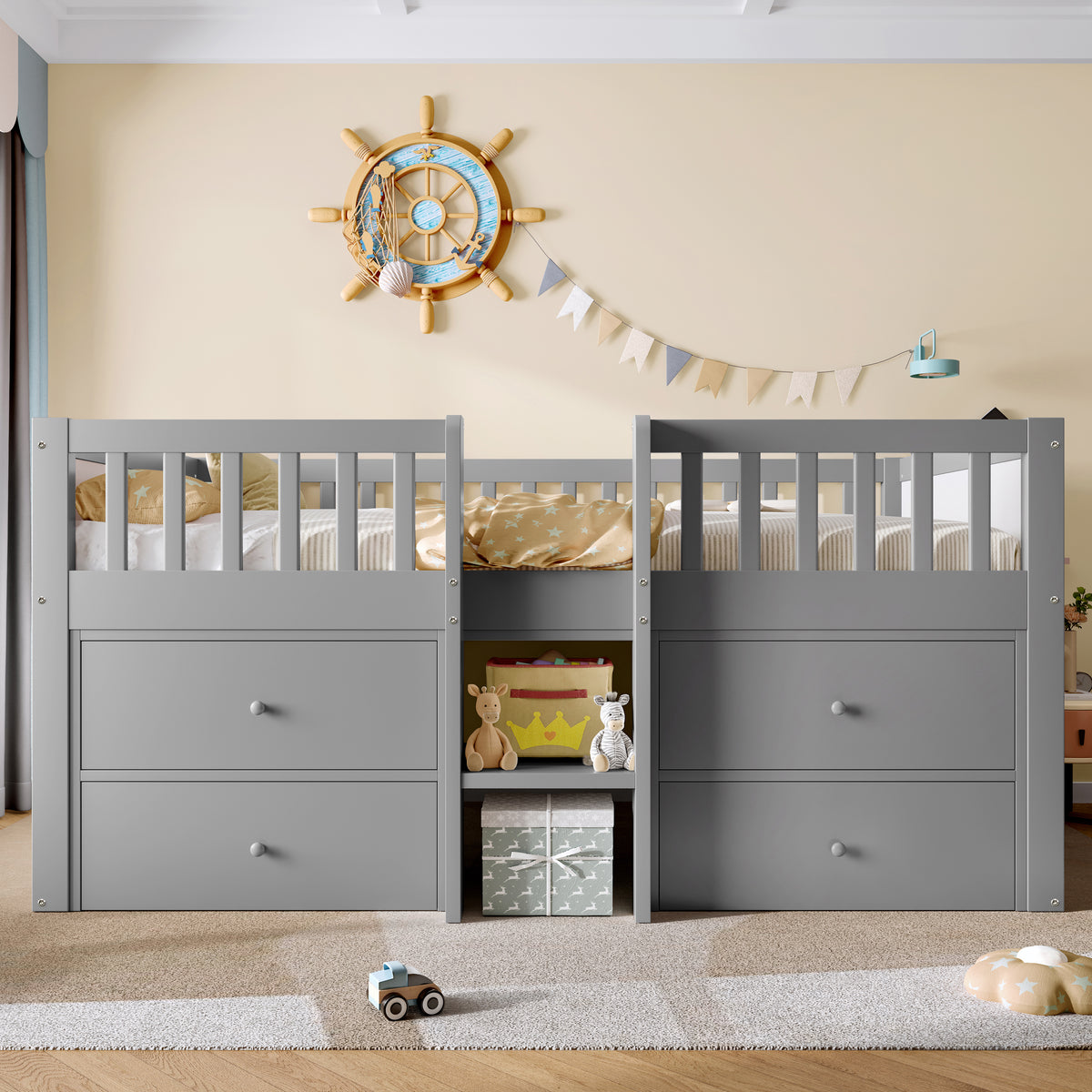 Larana Home grey low loft bed with built-in storage drawers, guardrail, solid wood frame, space-saving design for children's bedroom