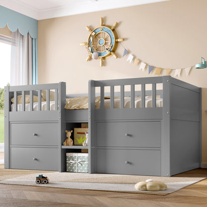 Larana Home grey low loft bed with built-in storage drawers, guardrail, solid wood frame, space-saving design for children's bedroom.
